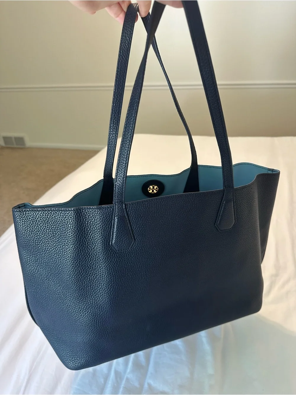 Tory Burch Navy Pebbled Leather McGraw Tote with Gold Logo